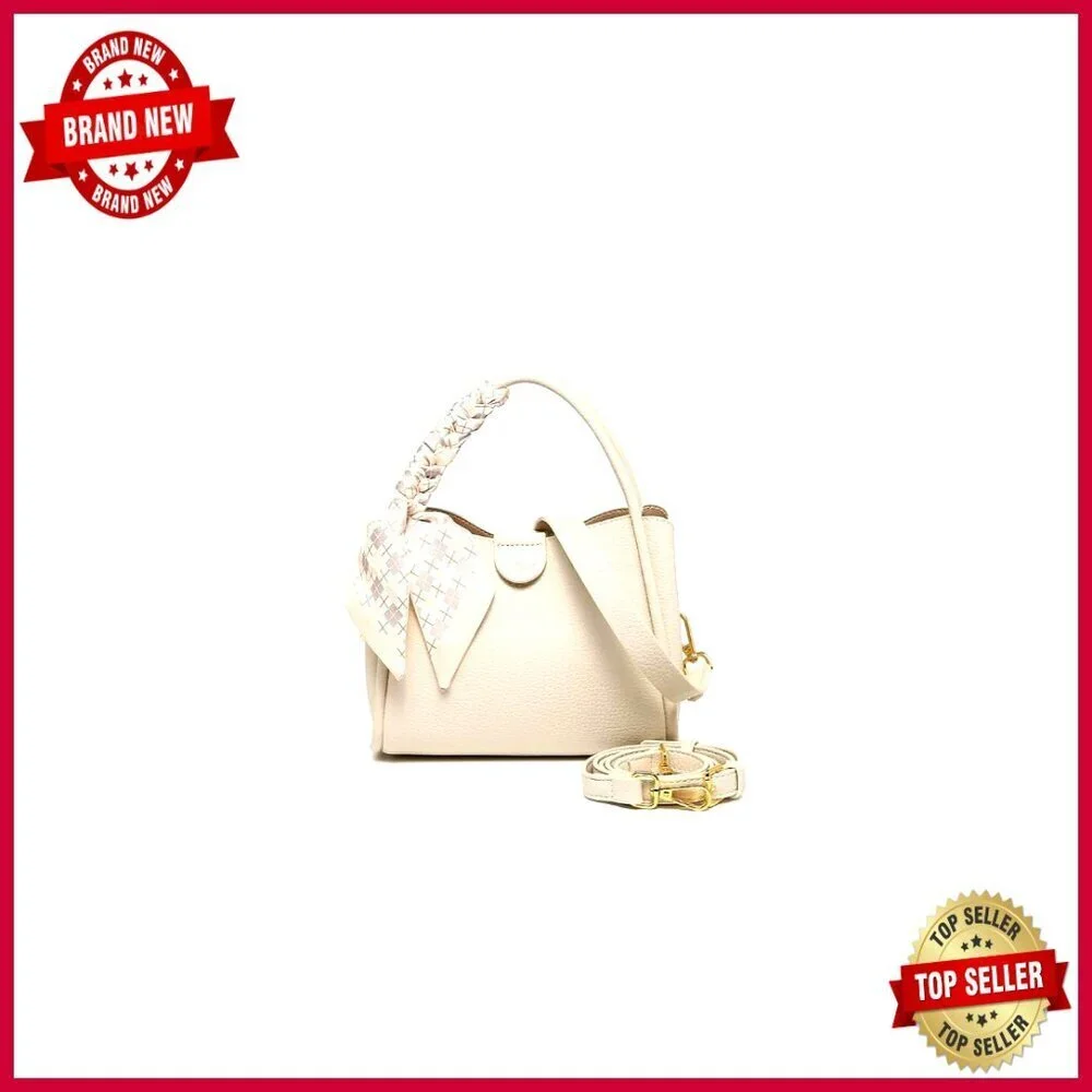 Genuine Leather Bucket Bag with Detachable Scarf, Adjustable Strap, Top Handle